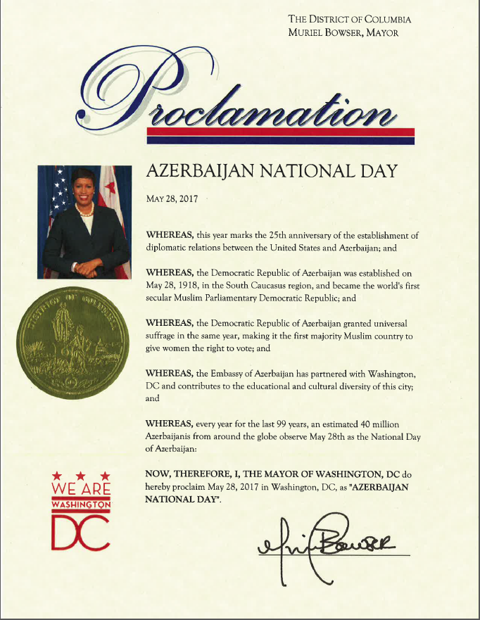 28 May Vaşinqtonda Azərbaycan Milli Günü elan edilib