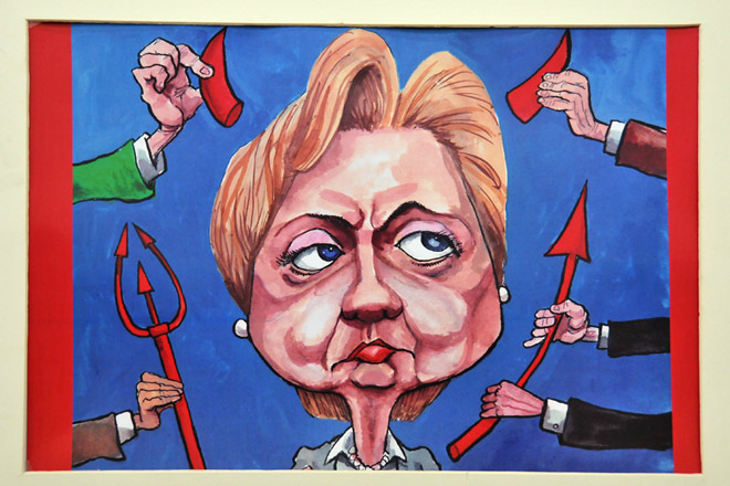 О юморе Рейгана и чертике Клинтон на выставке карикатур Кевина Каллагера
