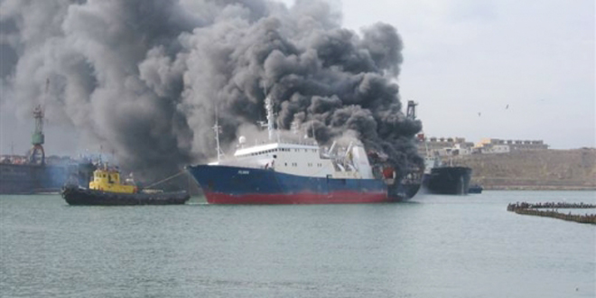 Turkish cargo ship on fire off Greek coast