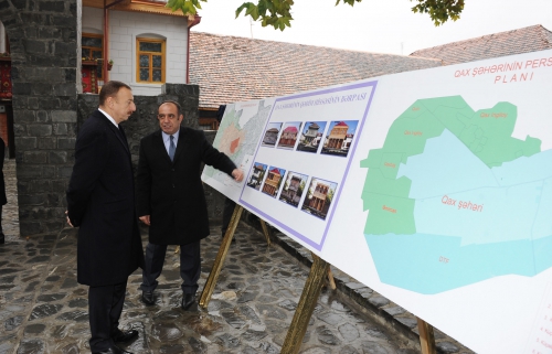 Azerbaijani president inspects ‘Icheribazar’ tower complex in Gakh region (PHOTO)