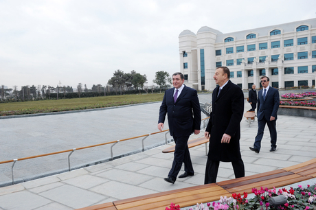 President Ilham Aliyev inspects new park in front of Tax Ministry`s Special Regime Tax Service Department (PHOTO)
