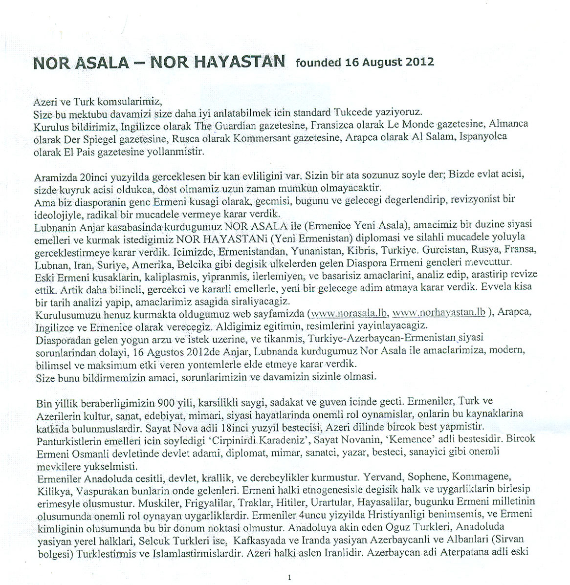 ASALA sends another letter to Azerbaijani diplomatic missions  (PHOTO)