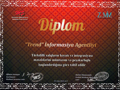 Trend İnformasiya Agentliyi türk dünyasının inteqrasiyasına verdiyi töhfəyə görə diploma layiq görülüb