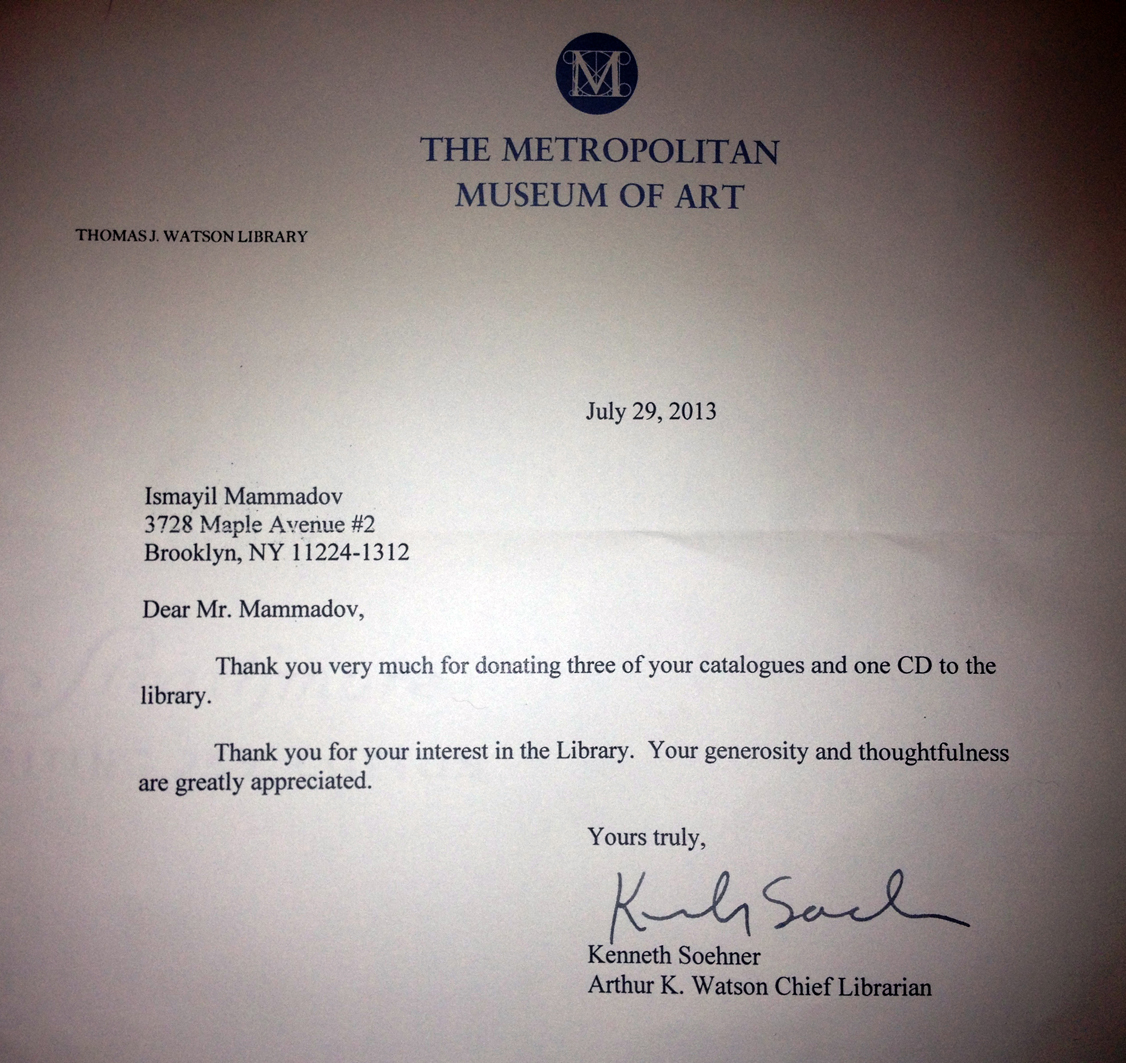 Художник Исмаил Мамедов получил благодарственное письмо от библиотеки музея Metropolitan (фото)