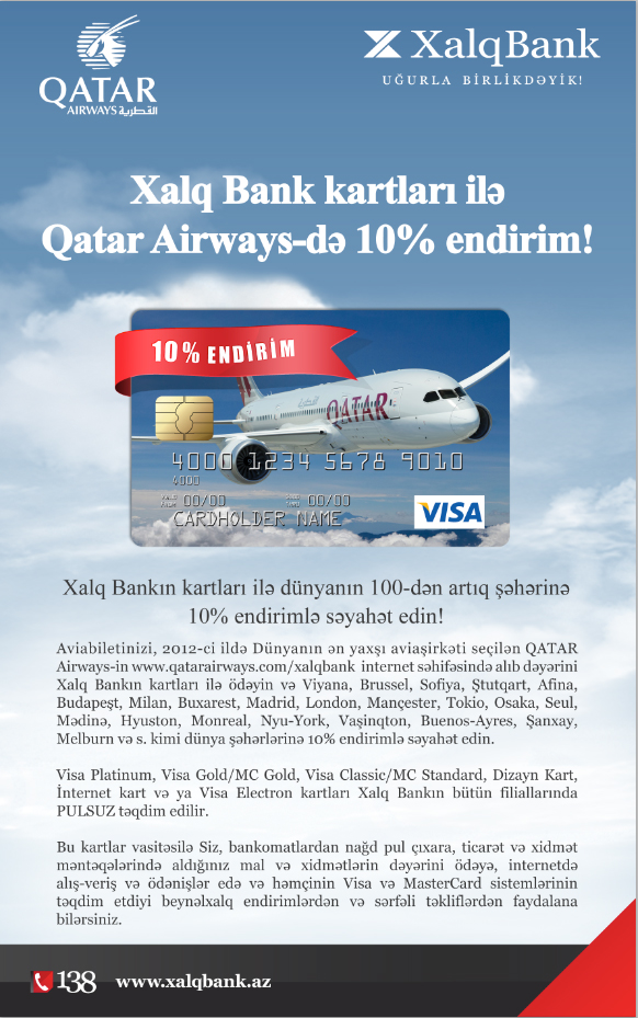 "Xalq Bank"ın kartları ilə "Qatar Airways"in biletlərinə 10 faiz endirim
