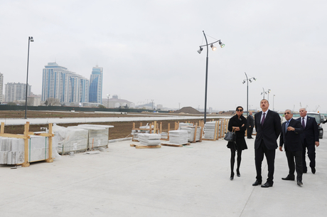 Azerbaijani President and his spouse familiarize with construction works at Baku White City Boulevard (PHOTO)