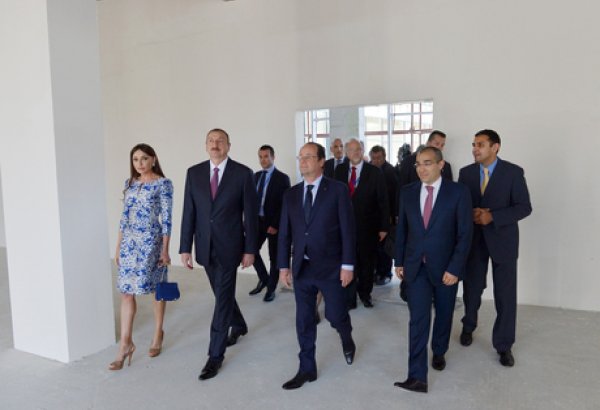 Ilham Aliyev, Francois Hollande, and First Lady Mehriban Aliyeva observe construction of French Lyceum in Baku