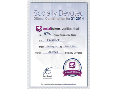 Компания "Azercell" вновь удостоена сертификата "Socially devoted" за лидерство в соцсетях
