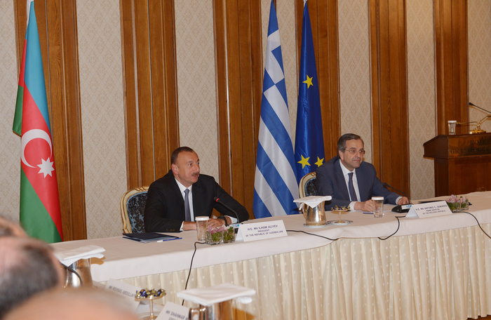 President Ilham Aliyev and Prime Minister of Greece Antonis Samaras met with top businessmen in Athens (PHOTO)