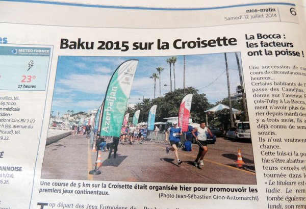 Французская газета Nice-Matin рассказала о забеге в Каннах в связи с презентацией предстоящих в Баку Европейских игр