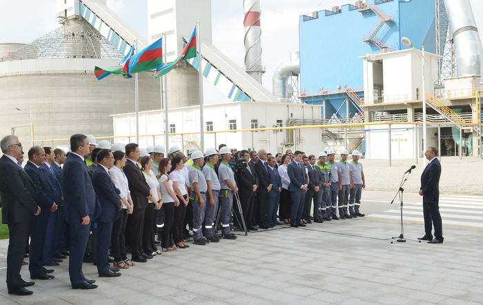 Azerbaijani president attends opening of a cement plant in Baku (PHOTO)