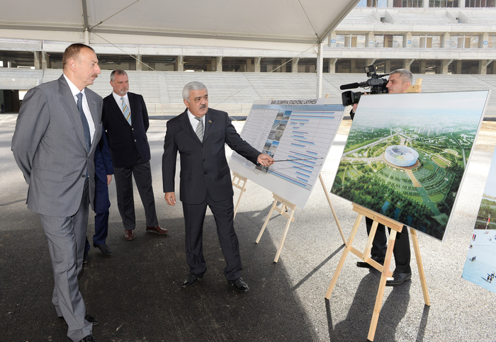 Azerbaijani president reviews construction at Baku Olympic Stadium