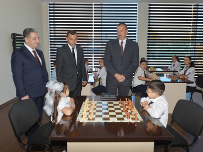 Azerbaijani President attends opening of chess school in Beylagan region
