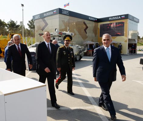 President Ilham Aliyev visits first Azerbaijan international defense industry exhibition