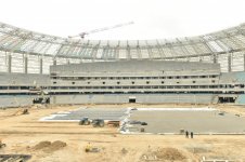 Azerbaijani president, his spouse review progress of construction at Baku Olympic Stadium