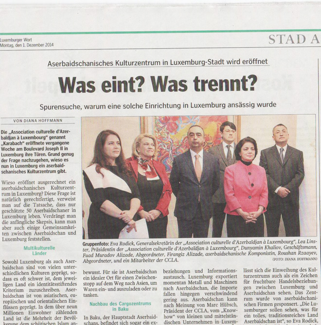 Газета "Luxemburg Wort" опубликовала статью об открытии информбюро Азербайджанской культурной ассоциации "Карабах"
