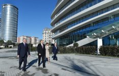 President Aliyev, his spouse review office building of Baku White City