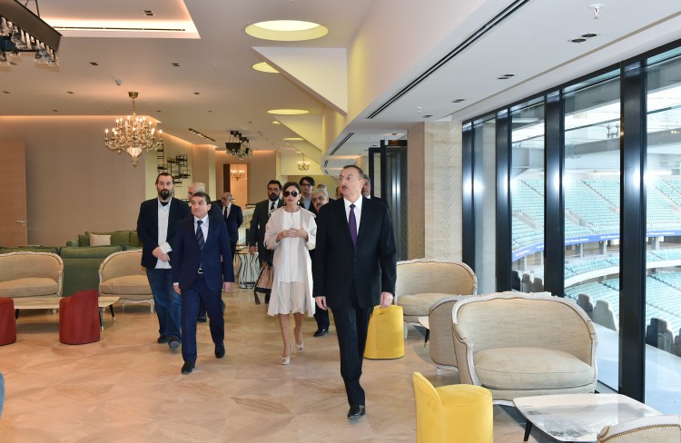 President Ilham Aliyev and his spouse review ongoing work at Baku Olympic Stadium
