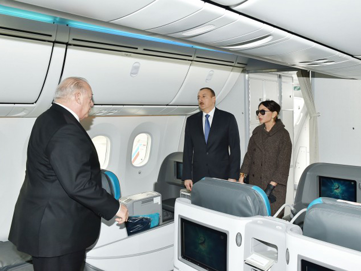 President Ilham Aliyev and his spouse review newly delivered Boeing-787-8 Dreamliner