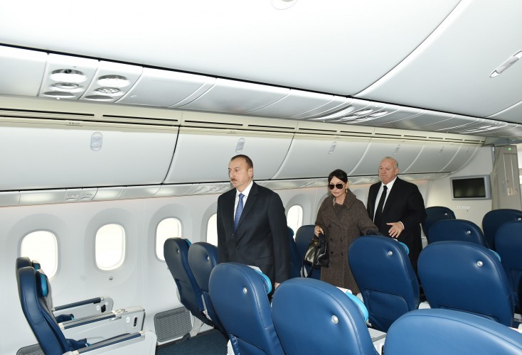 President Ilham Aliyev and his spouse review newly delivered Boeing-787-8 Dreamliner