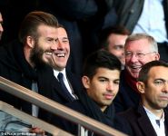 David Beckham joins former manager Sir Alex Ferguson and former French president Nicholas Sarkozy as Chelsea take on PSG in the Champions League (PHOTO)