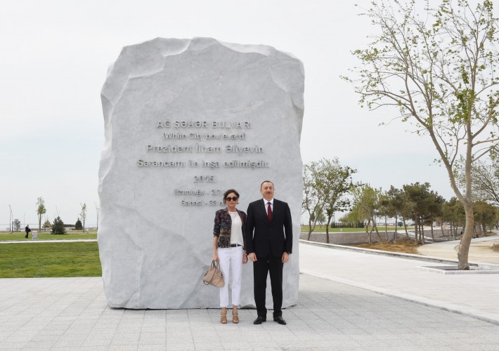 Ilham Aliyev, his spouse review Baku White City boulevard