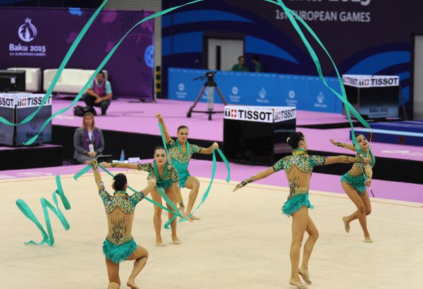 I Avropa Oyunları çərçivəsində azərbaycanlı gimnastlar lentlə hərəkət üzrə qrup yarışlarında çıxış edib (FOTO)
