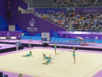 Azerbaijani female gymnasts perform with ribbons in group exercises at European Games (PHOTO)