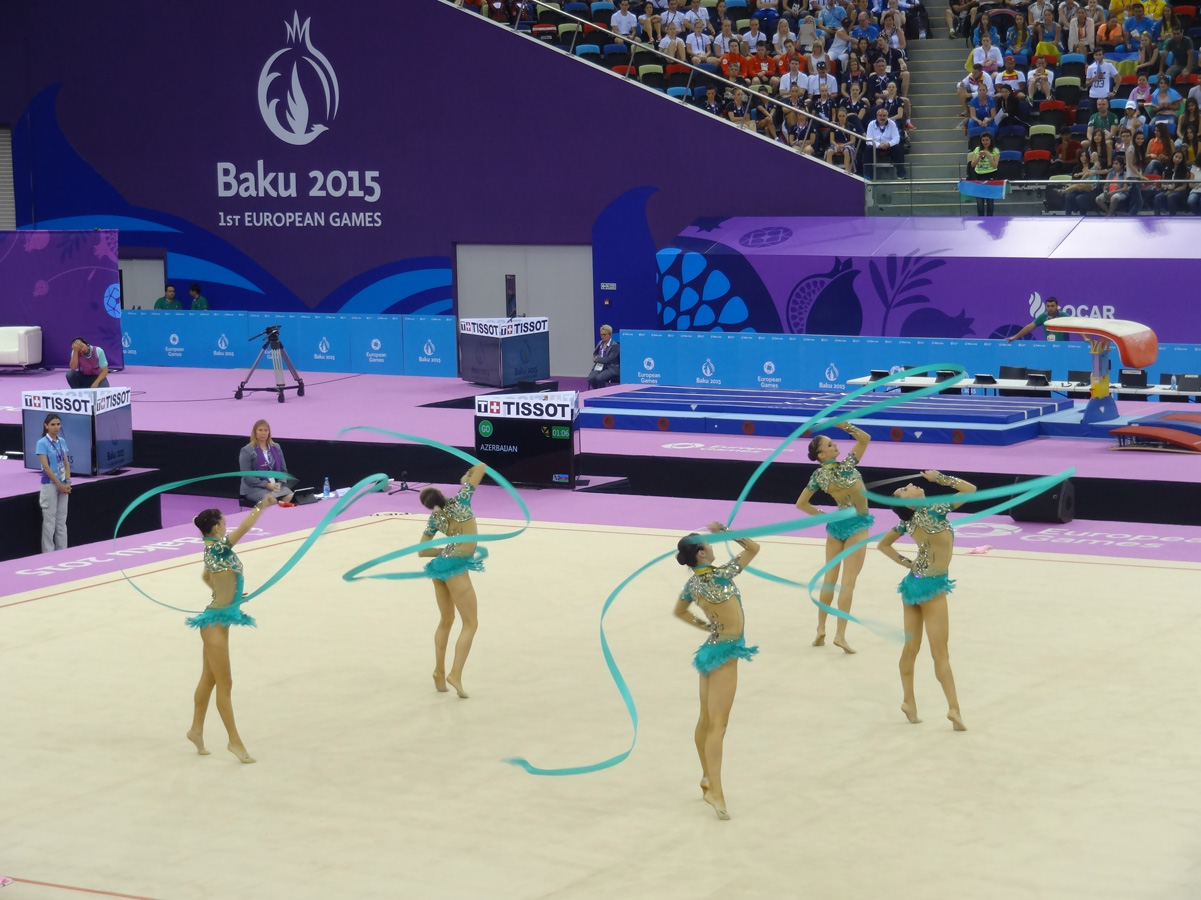 Азербайджанские гимнастки выступили с лентами в групповых упражнениях  в рамках Евроигр (ФОТО) - Gallery Image