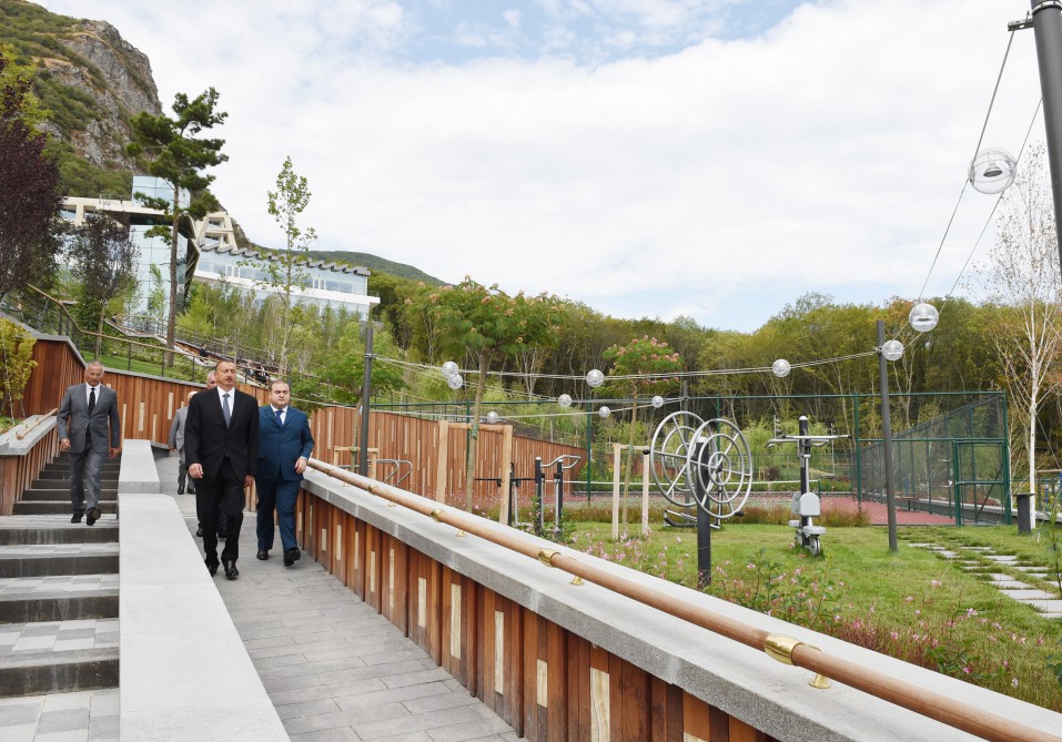 Azerbaijani president attends opening of health and recreation complex in Shabran district