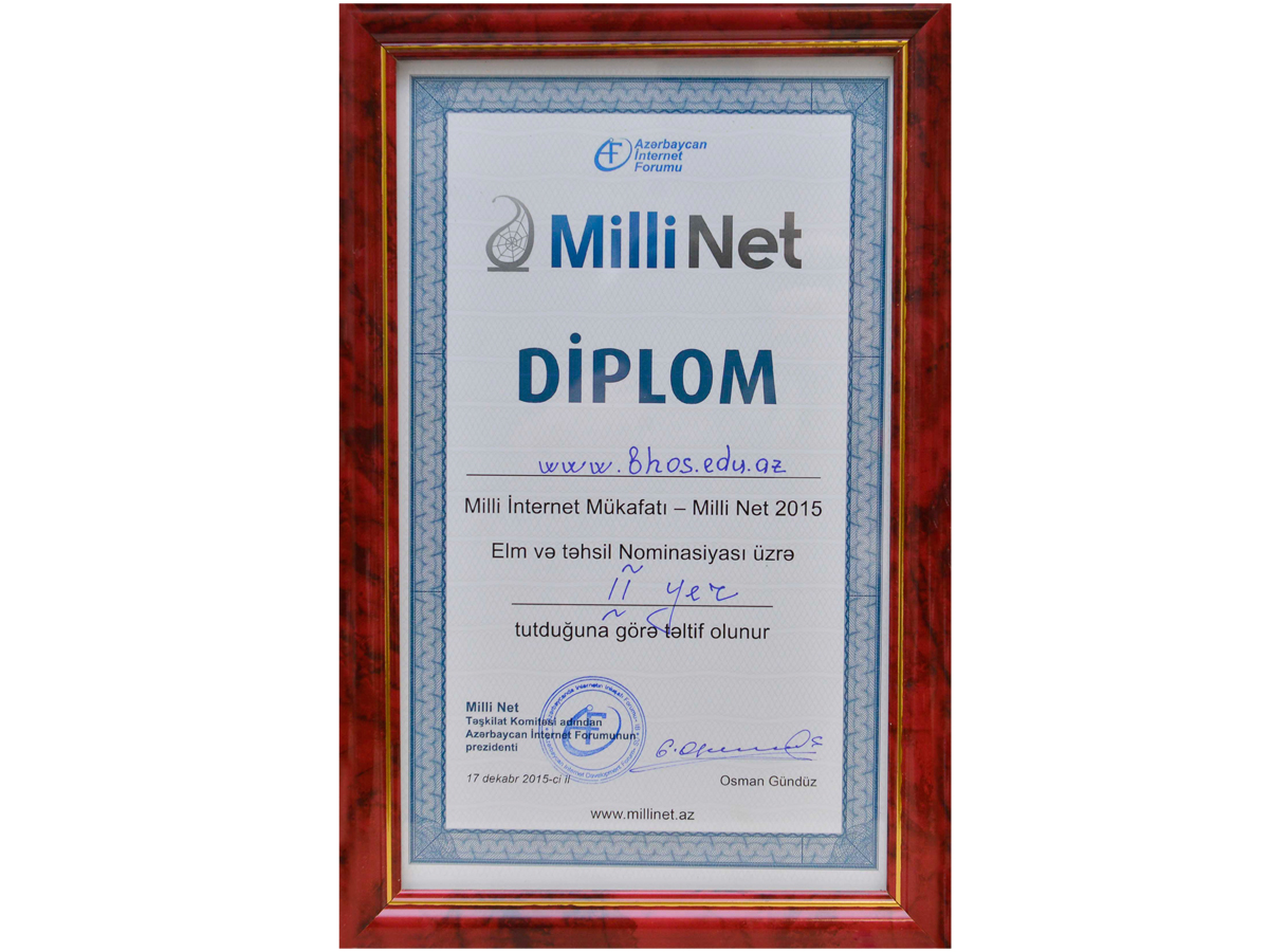 Официальный сайт БВШН занял второе место в конкурсе Milli Net 2015