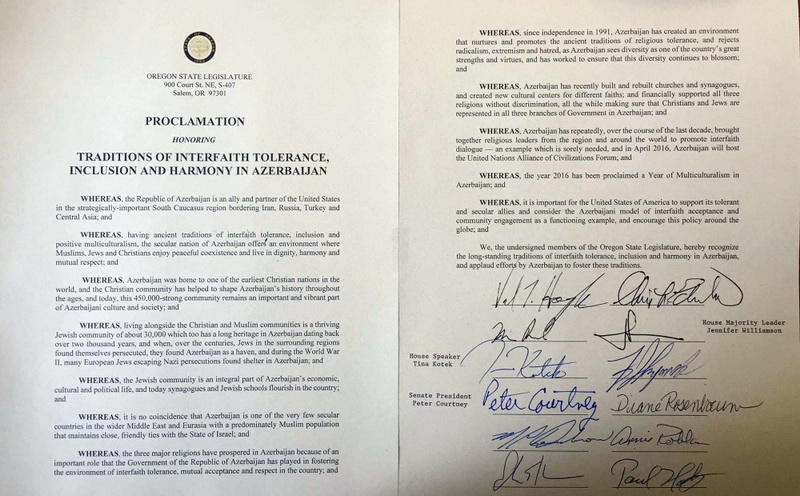 Конгресс американского штата Орегон одобрил модель толерантности Азербайджана (ФОТО)