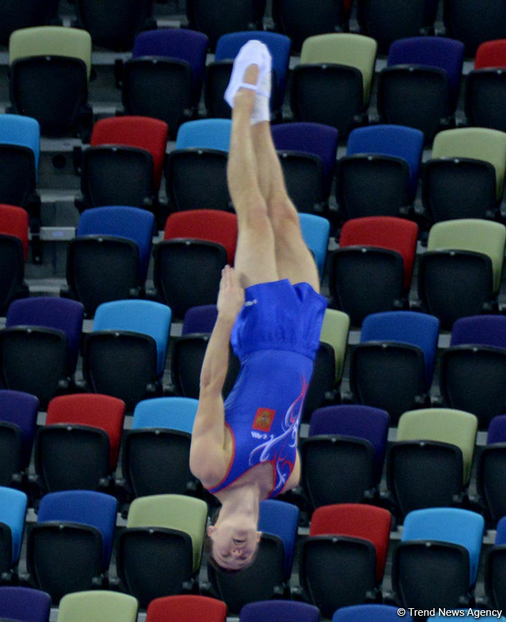 Bakıda batut gimnastikası üzrə Dünya Kubokunda iştirak edəcək idmançıların podium məşqləri (FOTO)