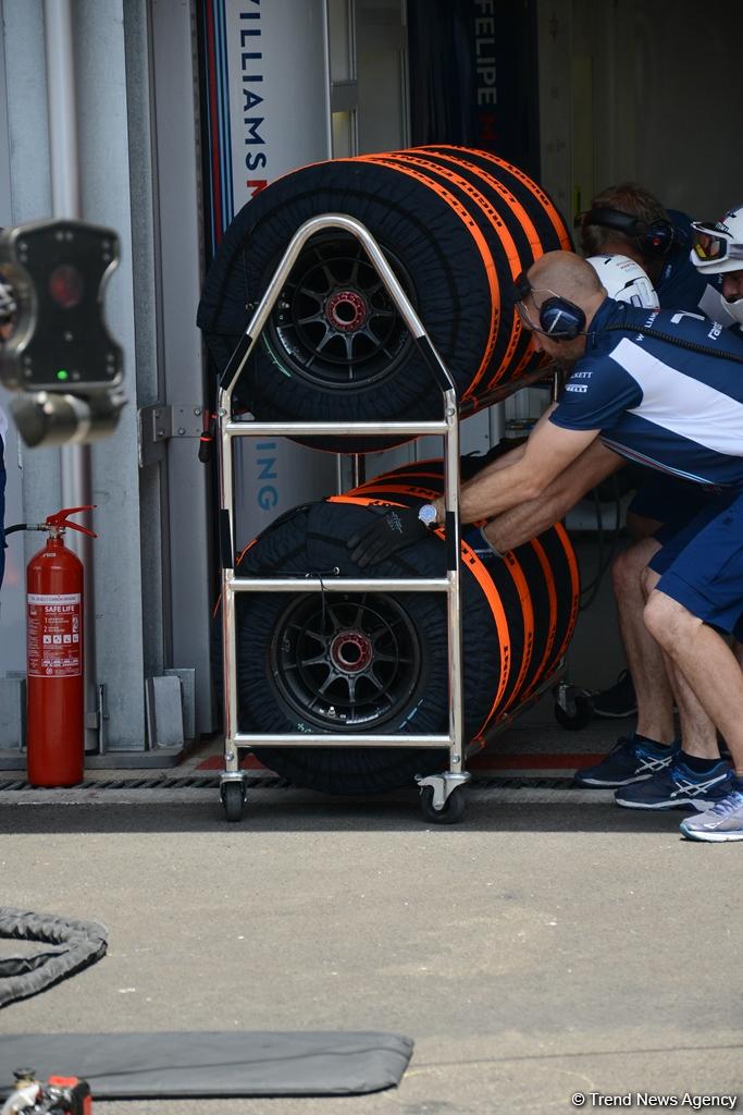 Технический персонал Формулы 1 в Баку проводит тренировки перед заездом (ФОТО)