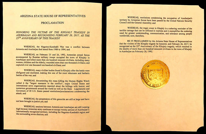 Палата представителей штата Аризона приняла резолюцию о признании Ходжалинского геноцида  (ФОТО)