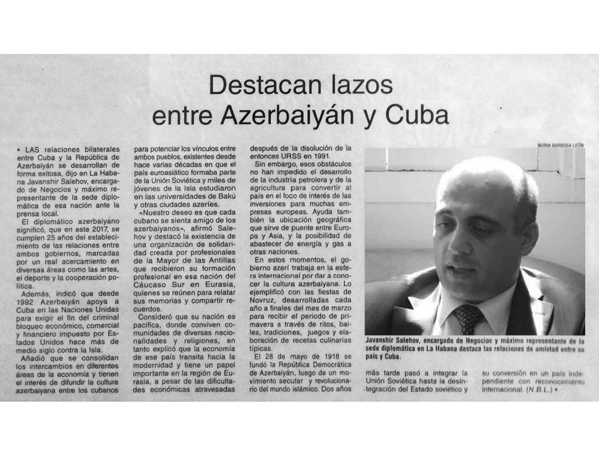 Kuba KİV-i: Azərbaycanla Kuba arasında siyasi əməkdaşlıq təcrübəsi uğurla inkişaf etdirilir