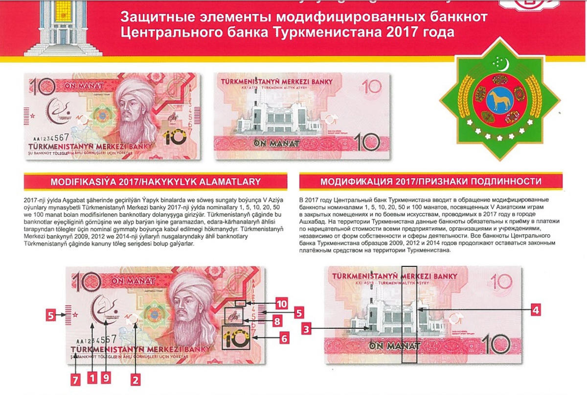 К открытию Игр «Ашхабад 2017» ЦБ Туркменистана выпустил новые образцы банкнот и памятные монеты