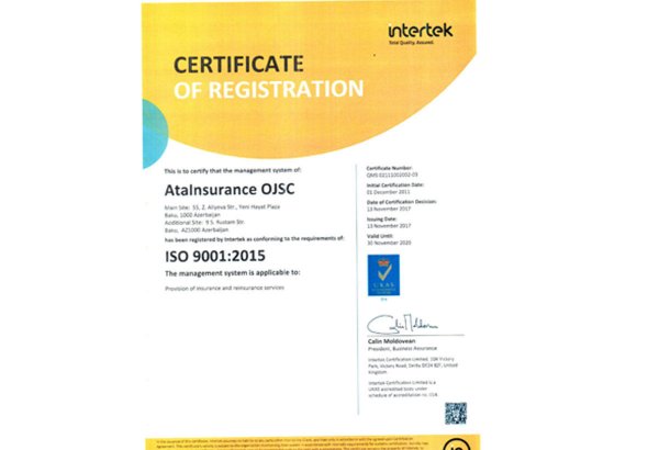 "AtaSığorta" yeni ISO 9001:2015 beynəlxalq keyfiyyət sertifikatını əldə edib