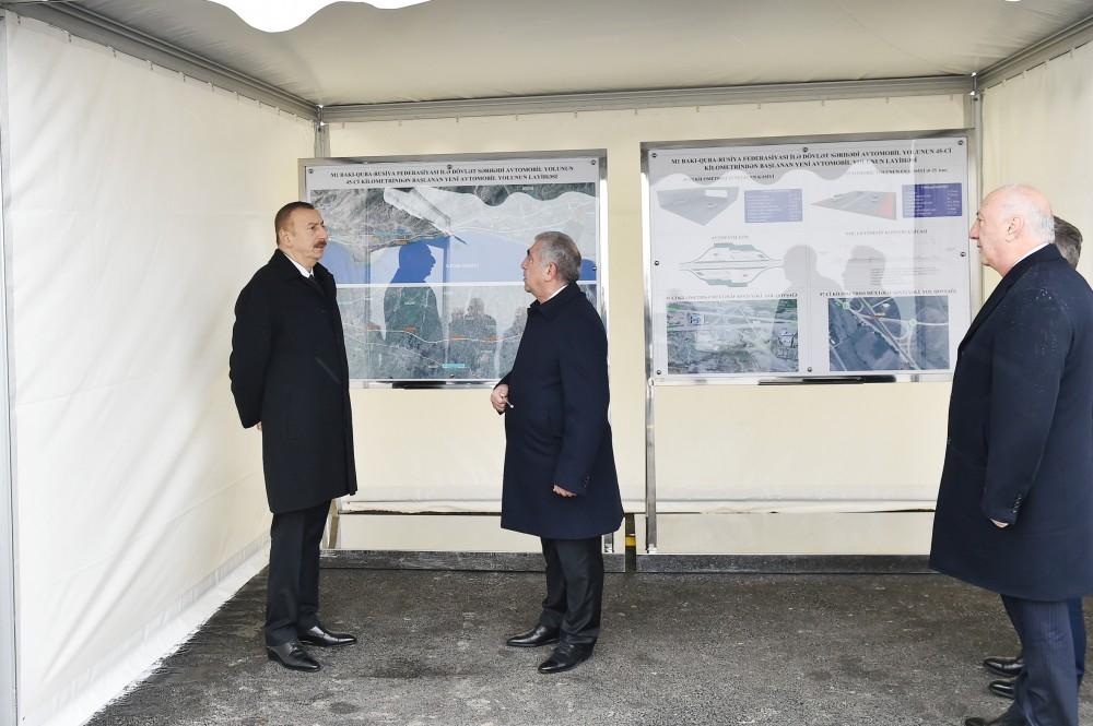 President Ilham Aliyev takes part in laying of road section on Baku - Russia border (PHOTO)