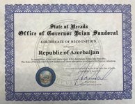 Nevada ştatının qubernatoru Azərbaycan Xalq Cümhuriyyətinin 100 illiyi ilə əlaqədar təbrik bəyannaməsi imzalayıb