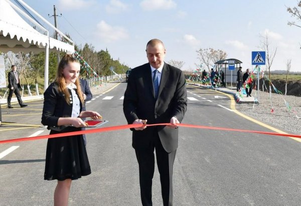 President Ilham Aliyev attends opening of highway in Beylagan district