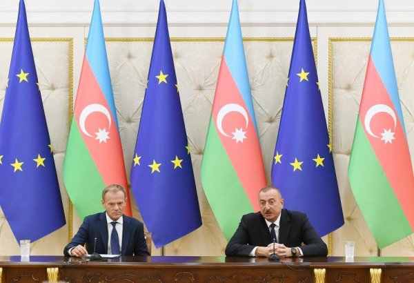 President Ilham Aliyev, President of European Council Donald Tusk make press statements (PHOTO)