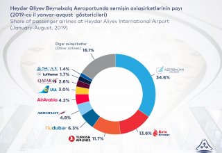 За восемь месяцев 2019 года пассажиропоток в аэропортах Азербайджана составил 3,8 млн человек