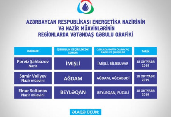 Energetika naziri və nazir müavinləri İmişli, Ağdam və Beyləqanda vətəndaşlarla görüşəcək