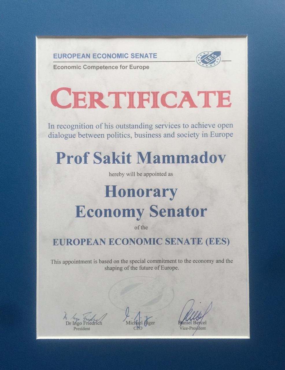 Сакит Мамедов избран почетным сенатором Европейского экономического сената (ВИДЕО, ФОТО)