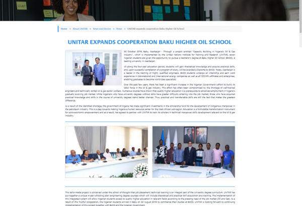Article about Baku Higher Oil School published on website of UN Institute for Training & Research (PHOTO)