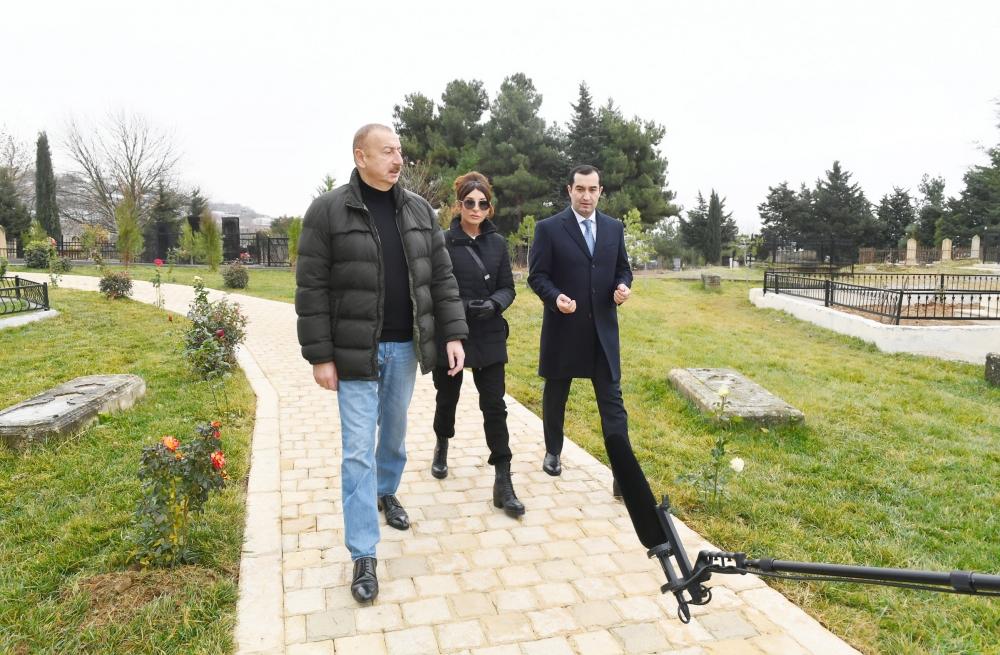 Azerbaijani president, first lady view landscaping work done around Shahkhandan tomb in Shamakhi (PHOTO)