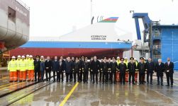 Azerbaijani president attends ceremony to launch first tanker built at Baku Shipyard (PHOTO)