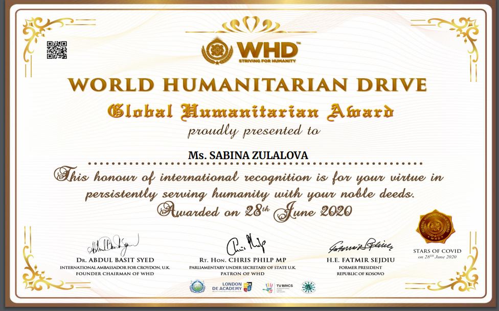 Сабина Зулалова удостоена премии World Humanultural Drive за деятельность в период пандемии (ВИДЕО, ФОТО)