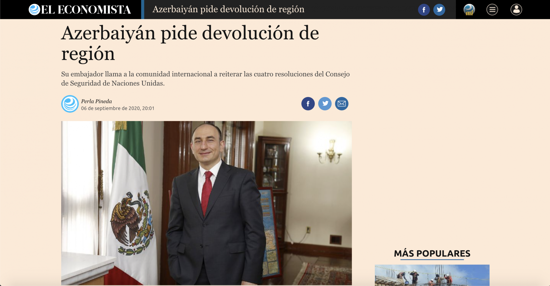 Meksikanın nüfuzlu “El Economista” qəzetinə Ermənistan təcavüzü barədə müsahibə verilib